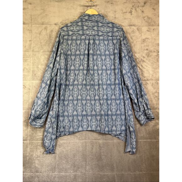 Zac & Rachel Tunic Women XL Blue Chambray Aztec Button Front Roll Tab Shark Bite - Picture 5 of 11